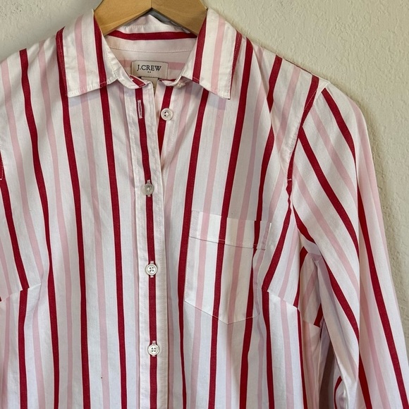 J Crew Lightweight Cotton Blend Button Front Long Sleeve Shirt Red White Stripes - Picture 2 of 11